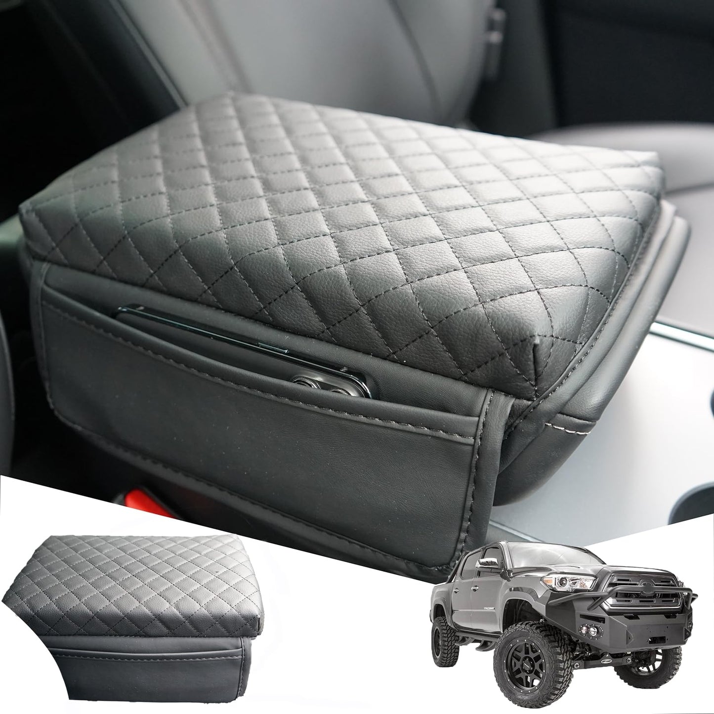 WAJIJI 2025 New Car Center Console Cover for Toyota Tacoma 2016-2025, Black Leather Car Armrest Cover Cushion with 2 Storage Bags for Toyota Tacoma Accessories 2025 2024 2023 2022 2021 2020 2019 2018