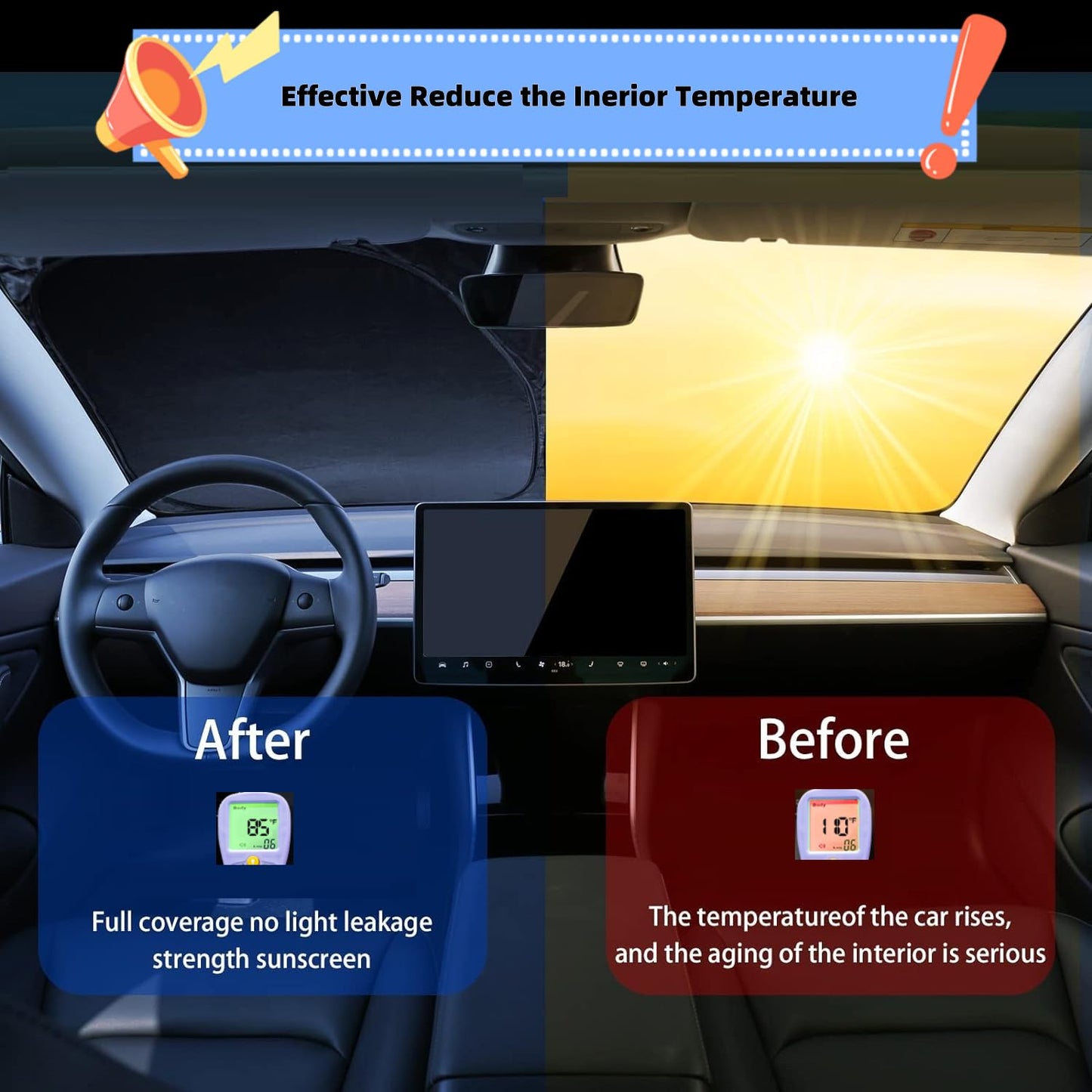 2025 New Tesla Model Y/3 Windshield Sunshade Car Accessories [OEM Design, 100% Sun Blockage] Foldable Front Windows Sun Shade for Tesla Model Y/3 2016-2024, 300D Oxford Silver Coating