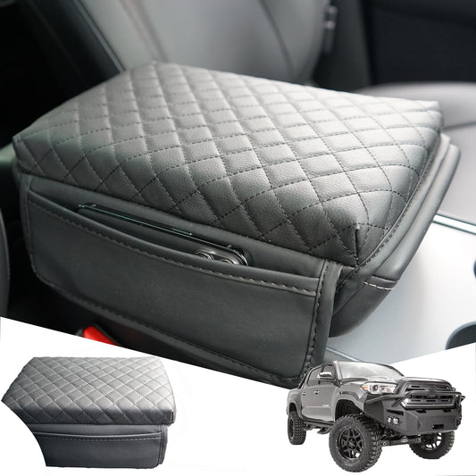 WAJIJI 2025 New Car Center Console Cover for Toyota Tacoma 2016-2025, Black Leather Car Armrest Cover Cushion with 2 Storage Bags for Toyota Tacoma Accessories 2025 2024 2023 2022 2021 2020 2019 2018