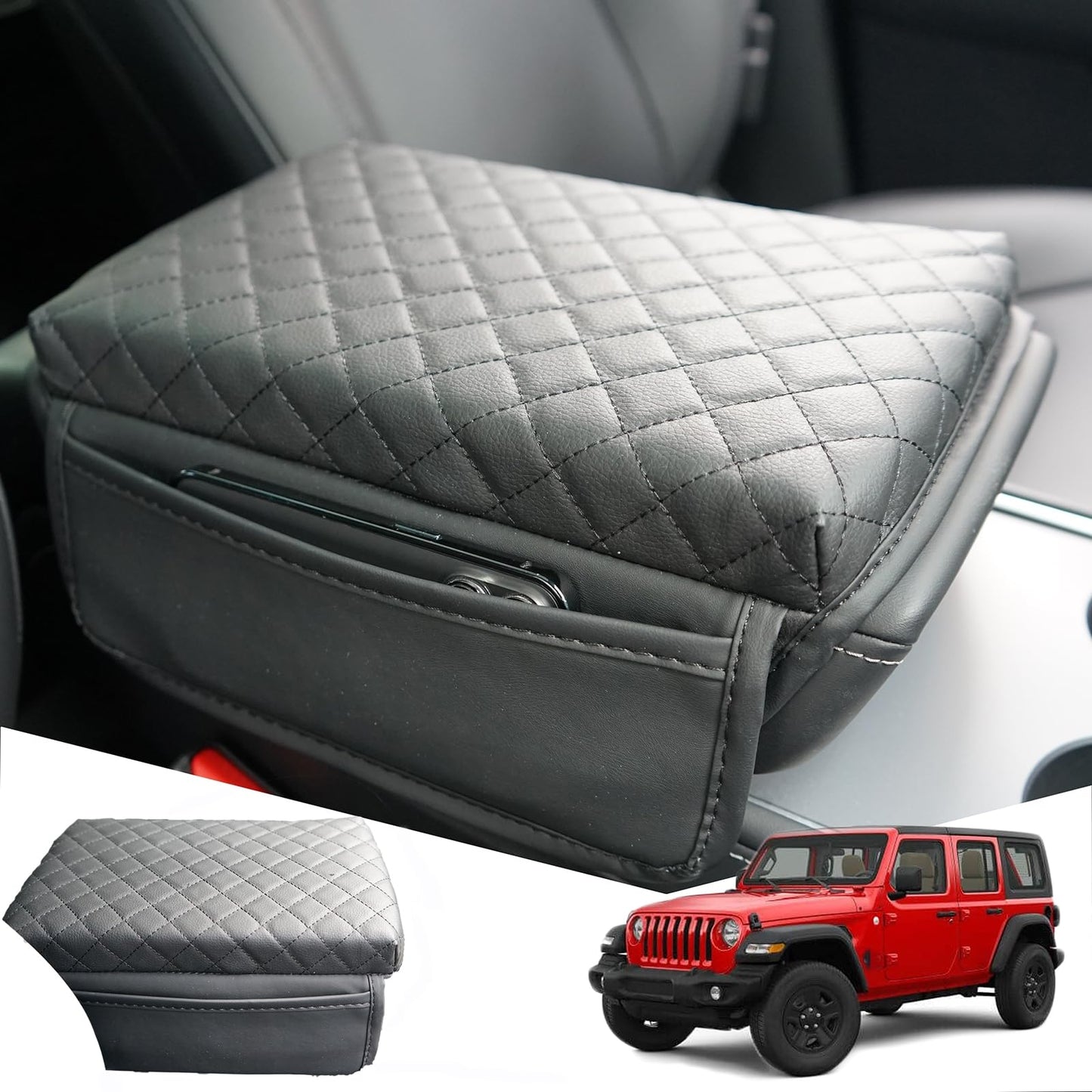 WAJIJI 2025 New Car Center Console Cover for Jeep Wrangler JL 2018-2023 2024 2025, Black Leather Car Armrest Cover Cushion with 2 Storage Bags for Wrangler JL JLU & Gladiator JT Accessories