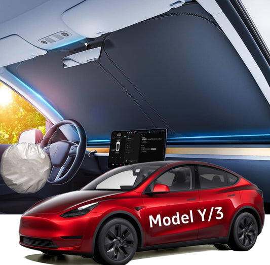 2025 New Tesla Model Y/3 Windshield Sunshade Car Accessories [OEM Design, 100% Sun Blockage] Foldable Front Windows Sun Shade for Tesla Model Y/3 2016-2024, 300D Oxford Silver Coating