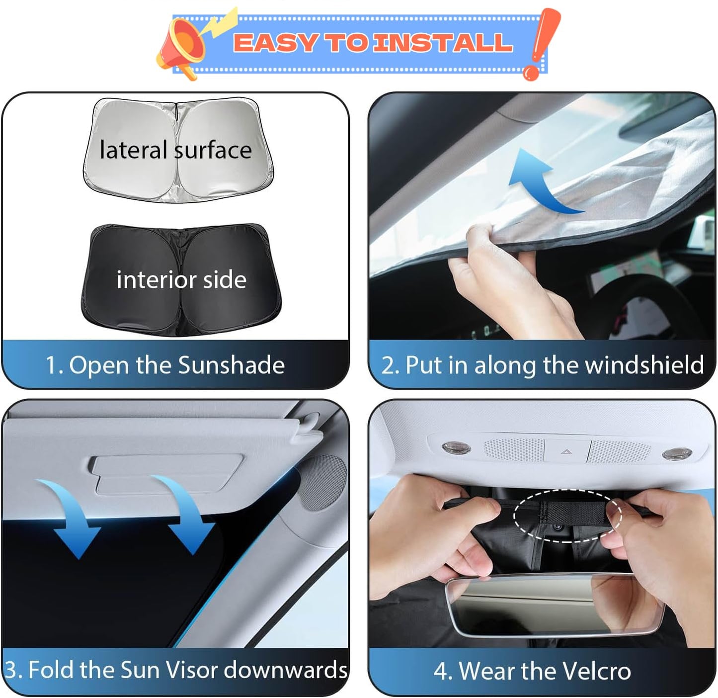 2025 New Tesla Model Y/3 Windshield Sunshade Car Accessories [OEM Design, 100% Sun Blockage] Foldable Front Windows Sun Shade for Tesla Model Y/3 2016-2024, 300D Oxford Silver Coating