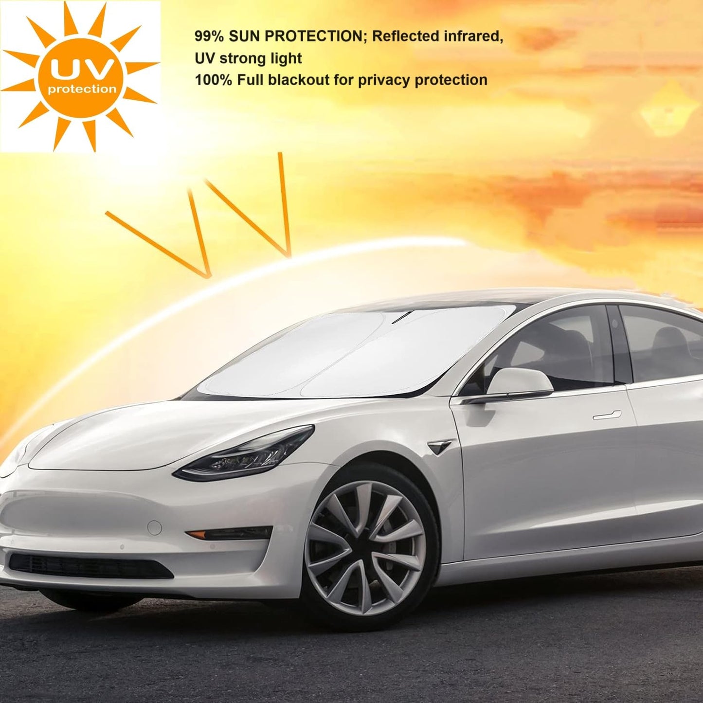 2025 New Tesla Model Y/3 Windshield Sunshade Car Accessories [OEM Design, 100% Sun Blockage] Foldable Front Windows Sun Shade for Tesla Model Y/3 2016-2024, 300D Oxford Silver Coating